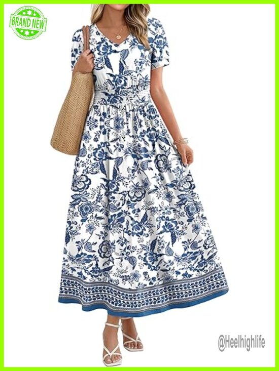 Dresses & Skirts - V Neck Maxi Dress with Smocked Waist A-Line Midi Dress for Women